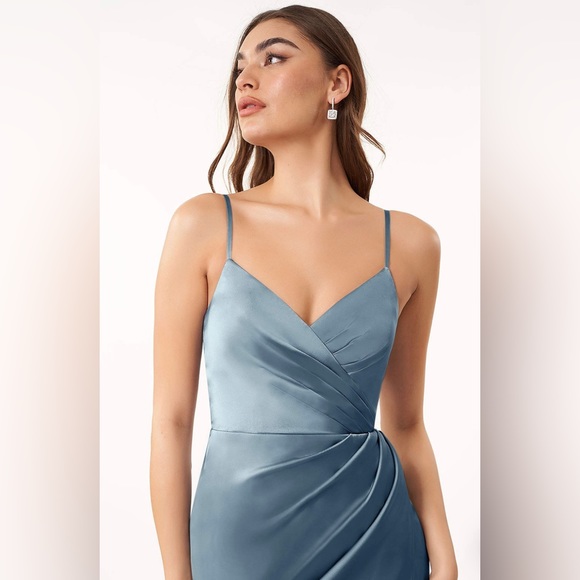 Azazie Maci Dress | Stretch Satin | Dusty Blue | Size A12 - Picture 4 of 11